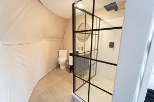 South MaitlandGravity Luxury Domes的一间带卫生间和玻璃墙的浴室