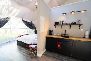 South MaitlandGravity Luxury Domes的一间卧室配有一张床、一张书桌和一个窗户。