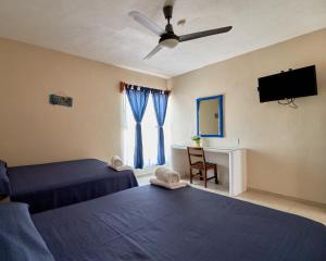 圣帕特里西奥梅拉克Bungalows Las Hamacas的一间卧室配有两张床和吊扇