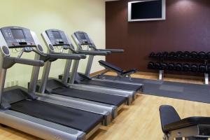 希布伦辛辛那提机场希尔顿逸林酒店的健身房设有三台跑步机和跑步机