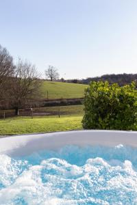布兰德福德福鲁姆The Retreat, Sauna & Hot Tub, Charming & Cosy Gem的田野里充满蓝色水的浴缸