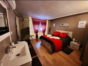 Husseren-WesserlingRelais des Vosges的一间卧室配有一张带红色枕头和水槽的床
