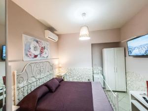 维耶斯泰Il Giunco B&B的一间卧室配有一张带紫色床单的床和一台电视。