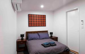 艾利斯斯普林斯4 Bedrooms, 2 Bathrooms in Alice Springs的一间卧室配有一张带两个蓝色枕头的床