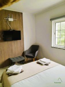圣克鲁什达什弗洛里什Fazenda Valley的一间卧室配有一张床、一把椅子和电视