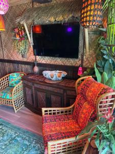 坦帕The Kondo Tiki的客厅配有两把椅子和电视