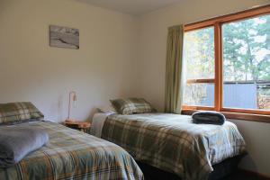 伯克斯帕斯Bauchops Hill Station Farmstay的一间卧室设有两张床和窗户。