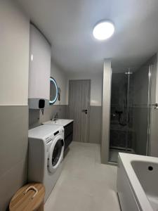 扎顿Vitas Apartments的一间带洗衣机和水槽的浴室