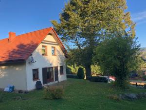 RzeczkaDom w Rzeczce Góry Sowie的一座白色的房子,有橙色的屋顶和一棵树