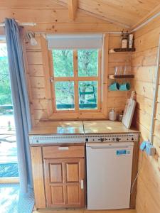 穆泰尔岛Paradise kosirina的小木屋内的厨房,配有水槽和窗户