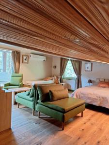 帕兰加Gintarautojai的一间带两张床和绿色沙发的大卧室