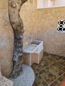 德尼亚Casa Giulia的浴室里有一个假树,旁边是水槽