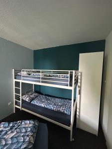 温特贝格Appartement de Ruiter的绿色墙壁客房中的两张双层床
