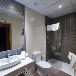 阿尔卡尼斯Aparthotel Meseguer的浴室配有卫生间、盥洗盆和淋浴。