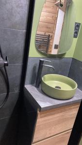 蒙热内夫尔Studio Dama neuf 4 p avec terrasse vue imprenable的一间带绿色水槽和镜子的浴室