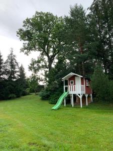 Šluknovlog cabin in Czech-Saxon Switzerland的院子里带滑梯的游戏房