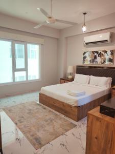 马斯喀特AECO lovely 2 bedroom apartment for family and friends的一间卧室设有一张大床和一个窗户。