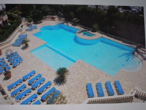 戛纳VILLA MAUPASSANT BORD DE MER的享有带蓝色椅子的大型游泳池的顶部景致
