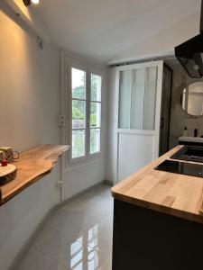 奥尔良Appartement calme design et Comfort的一间带柜台和炉灶的厨房 顶部烤箱