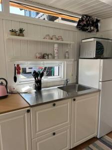 吉利勒杰Dejligt Tinyhouse i Gilleleje的厨房配有水槽和白色冰箱