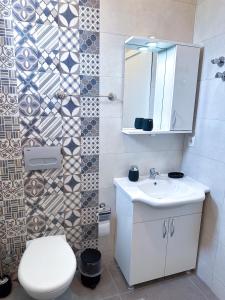 达特恰Villa Seray Datça的一间带卫生间、水槽和镜子的浴室