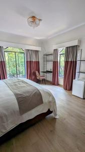 墨西哥城Casa Amari的一间卧室配有一张大床和一个吊灯。