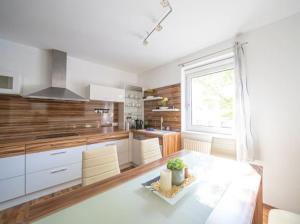 维也纳Spacious luxury Apartment的一个带桌子和窗户的大厨房