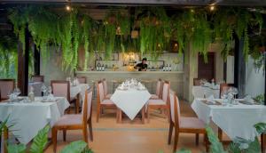 暹粒辛塔纳沙耶度假村的一间设有白色桌椅的餐厅,种植了植物