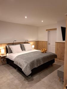 圣尼古拉Domein Den Buiten Bed And Breakfast DnD的一间卧室配有一张大床和两盏灯