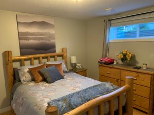 舍伍德帕克Dragonfly Inn Walkout Suites的一间卧室配有一张床、一个梳妆台和一扇窗户。