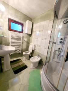 鲁克尔Pensiunea Geta的浴室设有2个卫生间、水槽和淋浴。