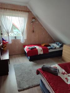 PrzerwankiDom Na Mazurach的一间卧室设有两张床和窗户。