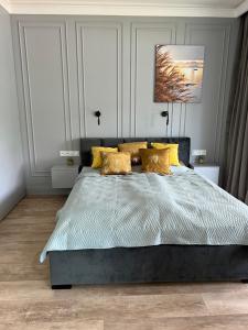 吉日茨科"Przystań u nas" Apartament Stranda B的一间卧室配有一张带黄色枕头的大床