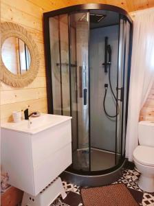 亚斯塔尔尼亚Dreamholia的带淋浴、盥洗盆和卫生间的浴室
