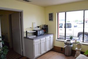 奥德萨Delux Inn的厨房设有微波炉和窗户。