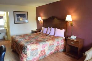 奥德萨Delux Inn的酒店客房,配有一张带两个床头柜和两个灯具的床