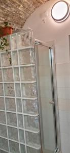 拉奎拉141 VIA ROMA的浴室设有淋浴和透明玻璃面板