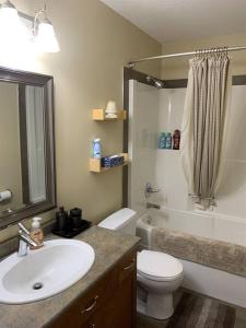 舍伍德帕克Dragonfly Inn Walkout Suites的一间带水槽、卫生间和淋浴的浴室
