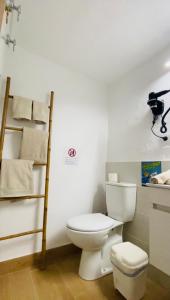 亚伊萨Casa Gercko 2的一间带卫生间的浴室和一个带毛巾的架子