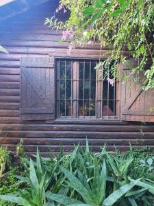 马德普拉塔Mystic House的木房子的窗户,上面有植物
