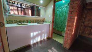门多萨OlasHostel的浴室设有水槽、镜子和砖墙