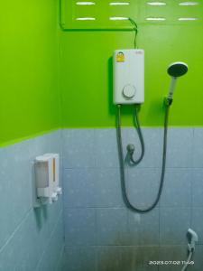 班拉克海滩SK Hometel Samui Airport的带淋浴的浴室,设有绿色的墙壁