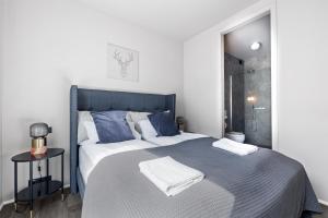 雷克雅未克Venture Vacation-Stunning City Centre Oasis的一间卧室配有一张带蓝色枕头的大床