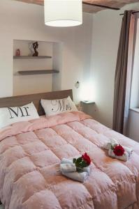 Le MarmoreCasa Vacanze Le Cascate的一间卧室配有一张带毛巾和玫瑰的大型粉红色床。