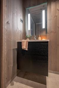 斯特兰达Premium Penthouse near Strandafjellet Ski Resort & Geiranger - Panoramic Mountain Views & Sauna的一间带水槽和镜子的浴室