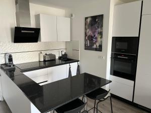普瓦西Appartement avec son jardin d’hiver的厨房配有黑色柜台和白色橱柜
