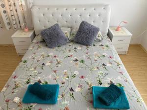 大格拉迪什泰Apartamani Evelin的一间卧室配有一张带蓝色枕头的大床