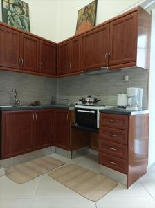 比雷埃夫斯Piraeus art deco apartment的厨房配有木制橱柜和炉灶。