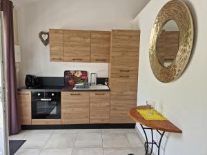 La Membrolle-sur-ChoisilleMaison/gîte-6 km de Tours的厨房配有木制橱柜、水槽和镜子