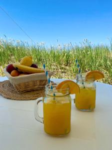 切尔诺莫雷茨Beachfront Caravans - Meadow Camp的2杯橙汁和一篮水果